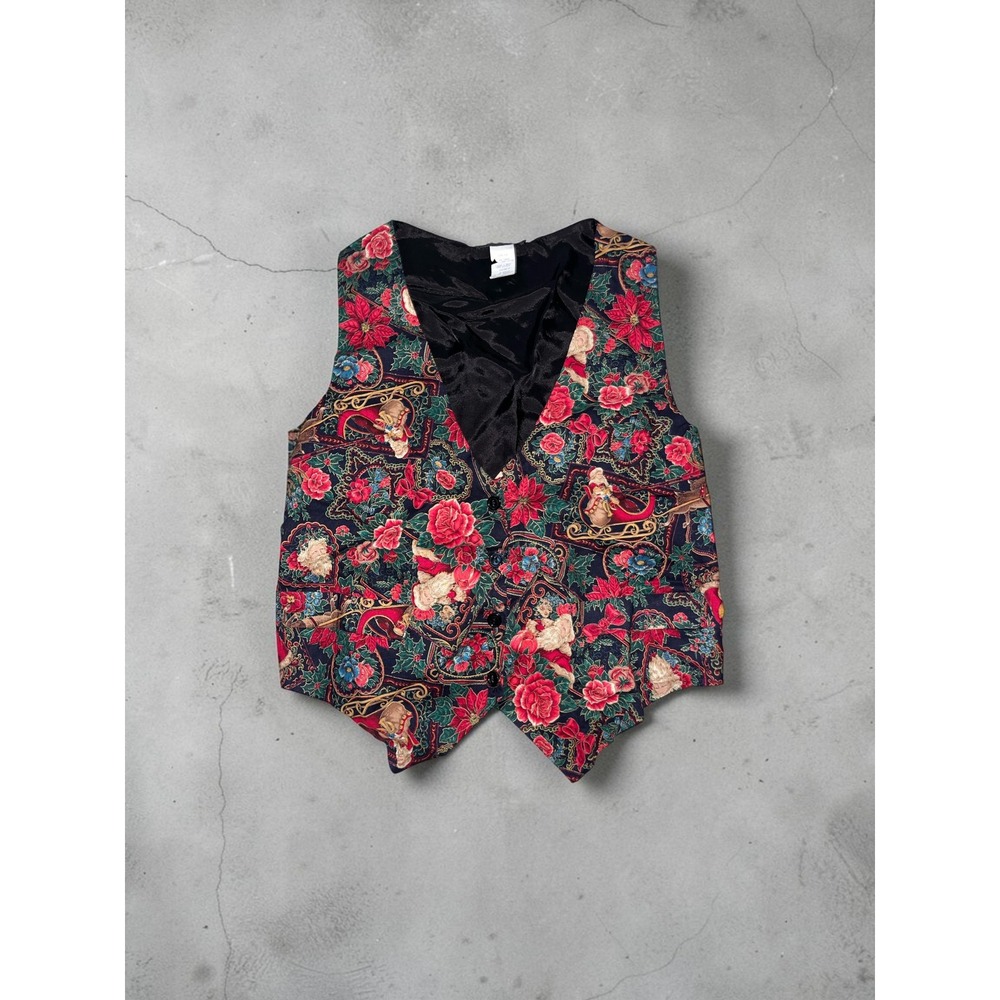 Saddle River Sportswear Vintage Christmas Vest Santa Poinsettia Floral Womens M